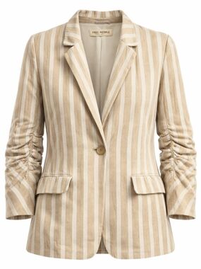 Free People Fern Striped Blazer Neutral Linen Look Ruched Sleeve S